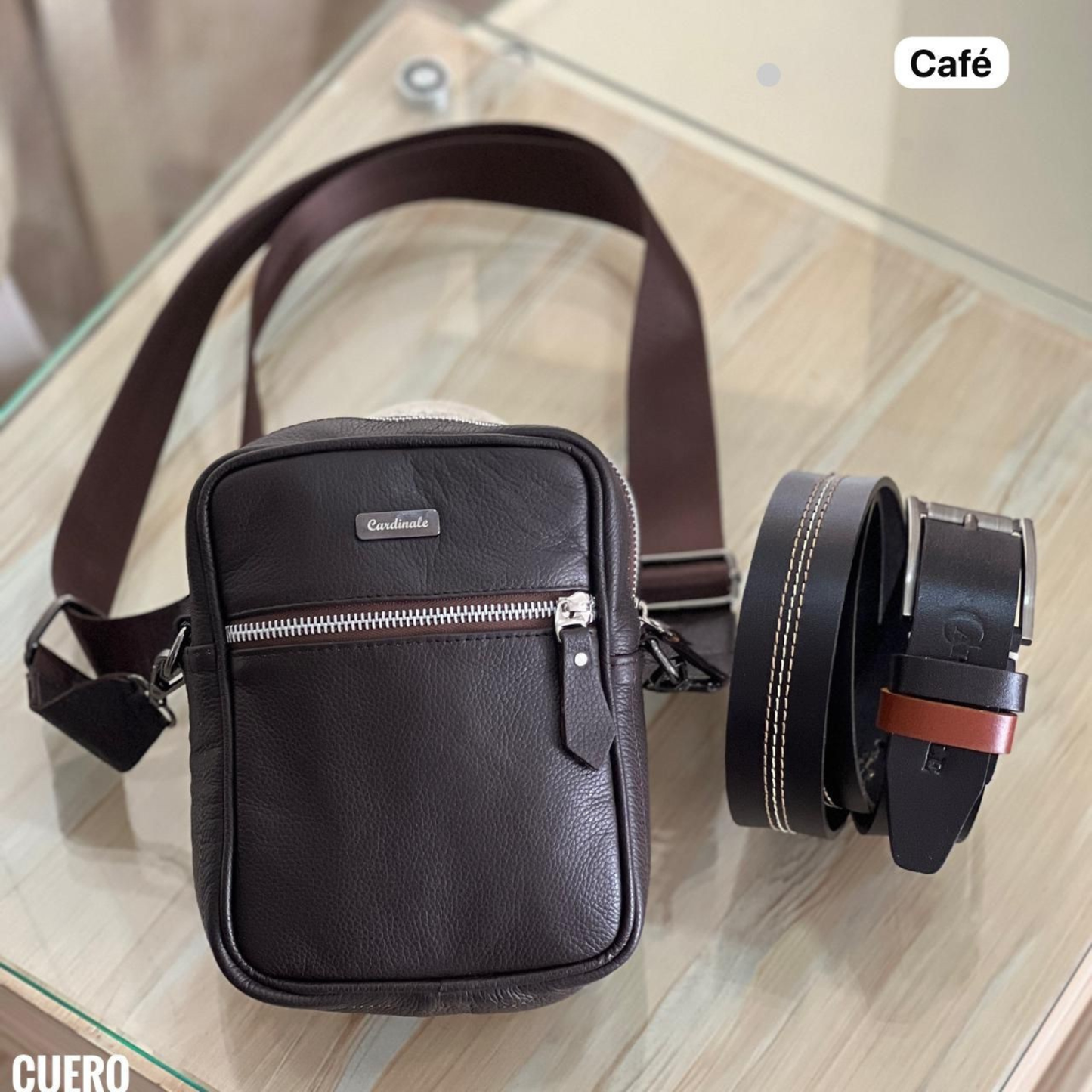 COMBO CABALLERO BOLSO+CORREA EN CUERO