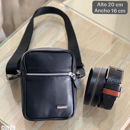 COMBO CABALLERO BOLSO+CORREA EN CUERO